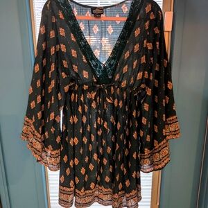 Angie-Bohemian Green and Floral Patterned Cinch Waist, Wide Sleeve Dress